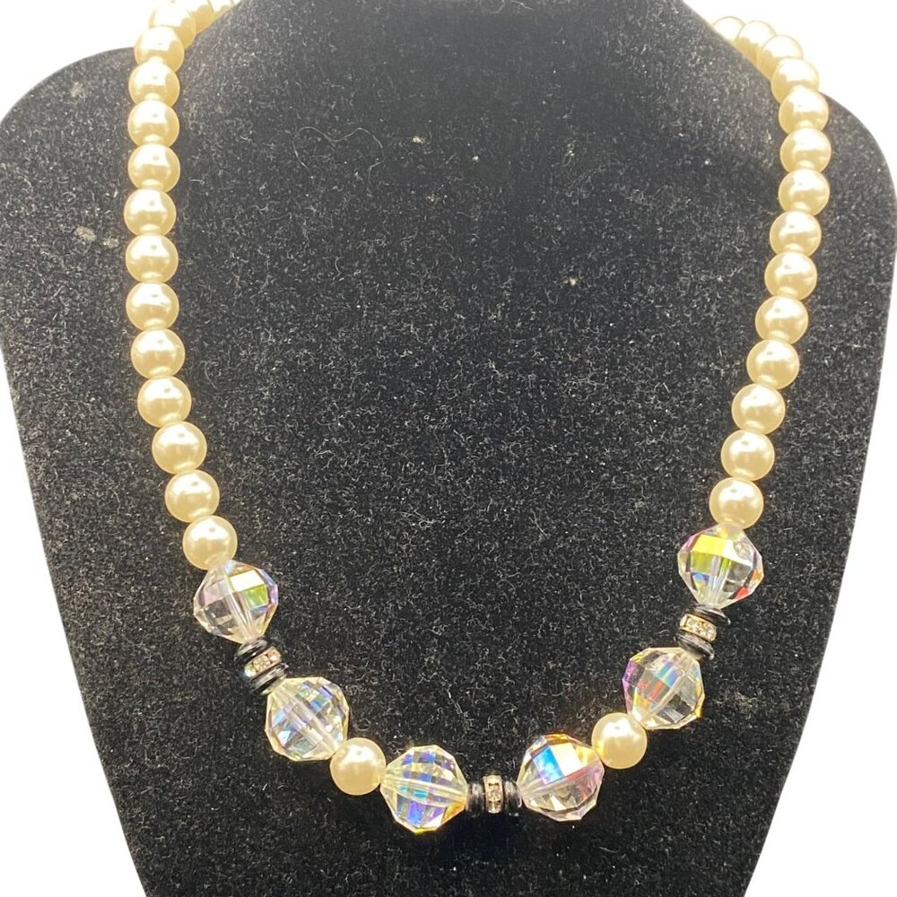 Vintage 30" Faux Pearl Necklace Faceted AB Barrel Crystals Rhinestone Rondelles